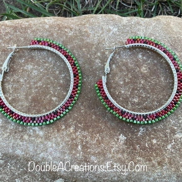 Red Watermelon 1 1/2” Beaded Hoops, New, Handmade by Me - Picture 9 of 10